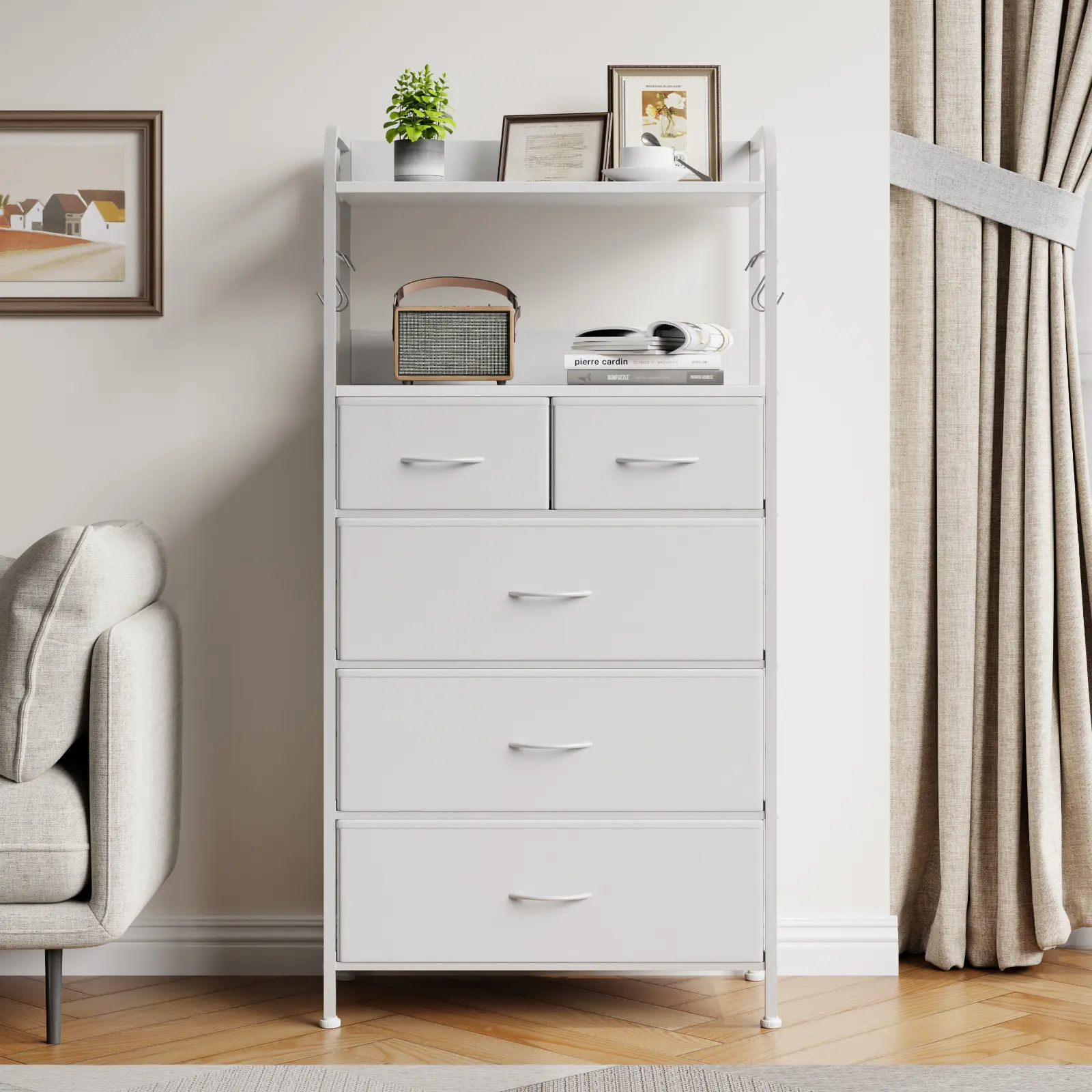 Narrow 5-Drawer Fabric Storage Dresser, Slim Fabric Organizer Cabinet, White | Space-saving vertical design, Fabric drawer storage, White leather look, Freestanding cabinet, Bedroom and closet use