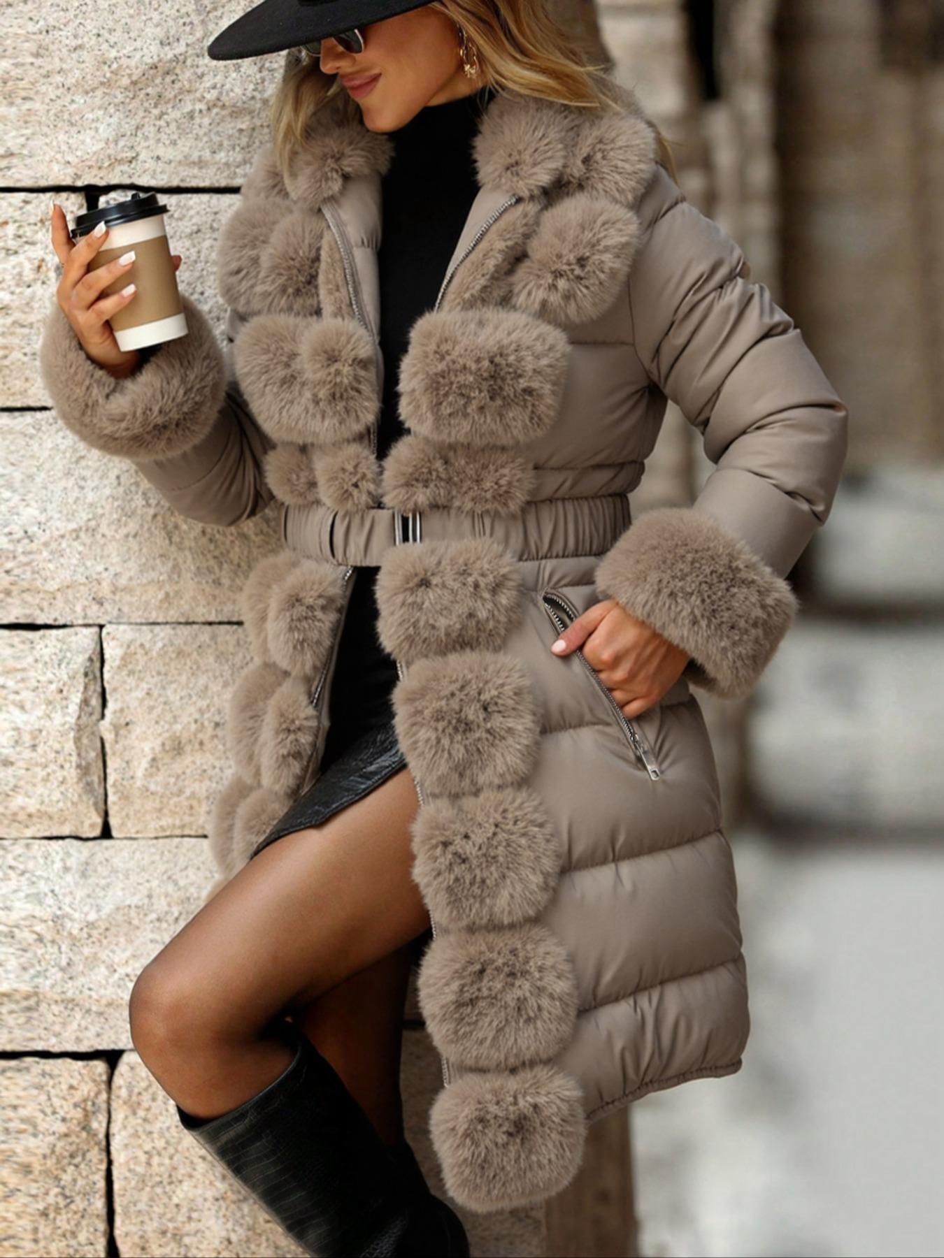 Women's Elegant Chic puffer Coat with Fleece Trim, Faux Fur & Belt, Mid-Length Fall Winter Hooded Fitted Jacket, Warm Daily Wear Outerwear