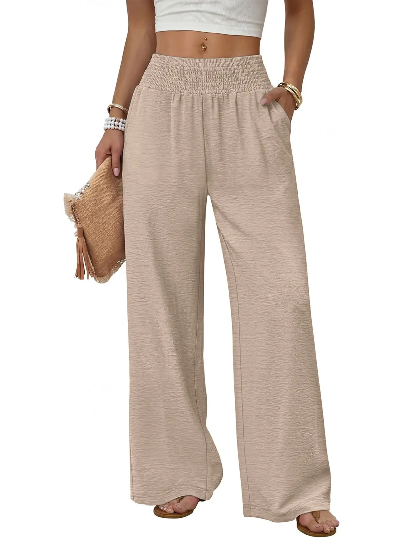 Women's Smocked High Waist Wide Leg Bottom Pants, Elastic Waist Casual Trousers with Pockets, Loose Flowy Summer Beach Pants for Women