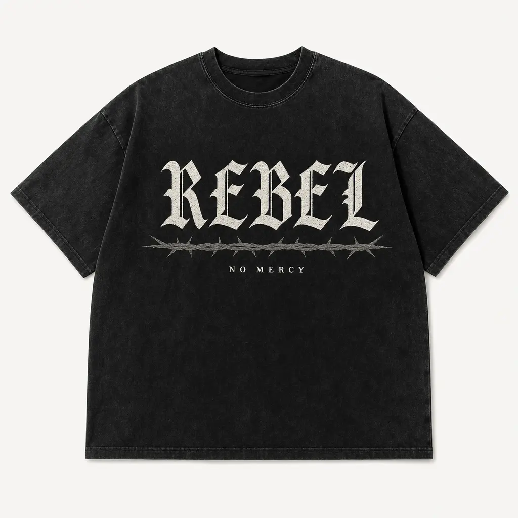 REBEL No Mercy Gothic Old English Font Barbed Wire Thorn Graphic T Shirt Vintage Black Mineral Wash Oversized Dark Punk Grunge Street Goth Aesthetic Unisex Tee For Men Women Couple,Muppet,Christmas,Carol,Matching,Sweat,Retro,Halloween,Llama,Pois,show,itty