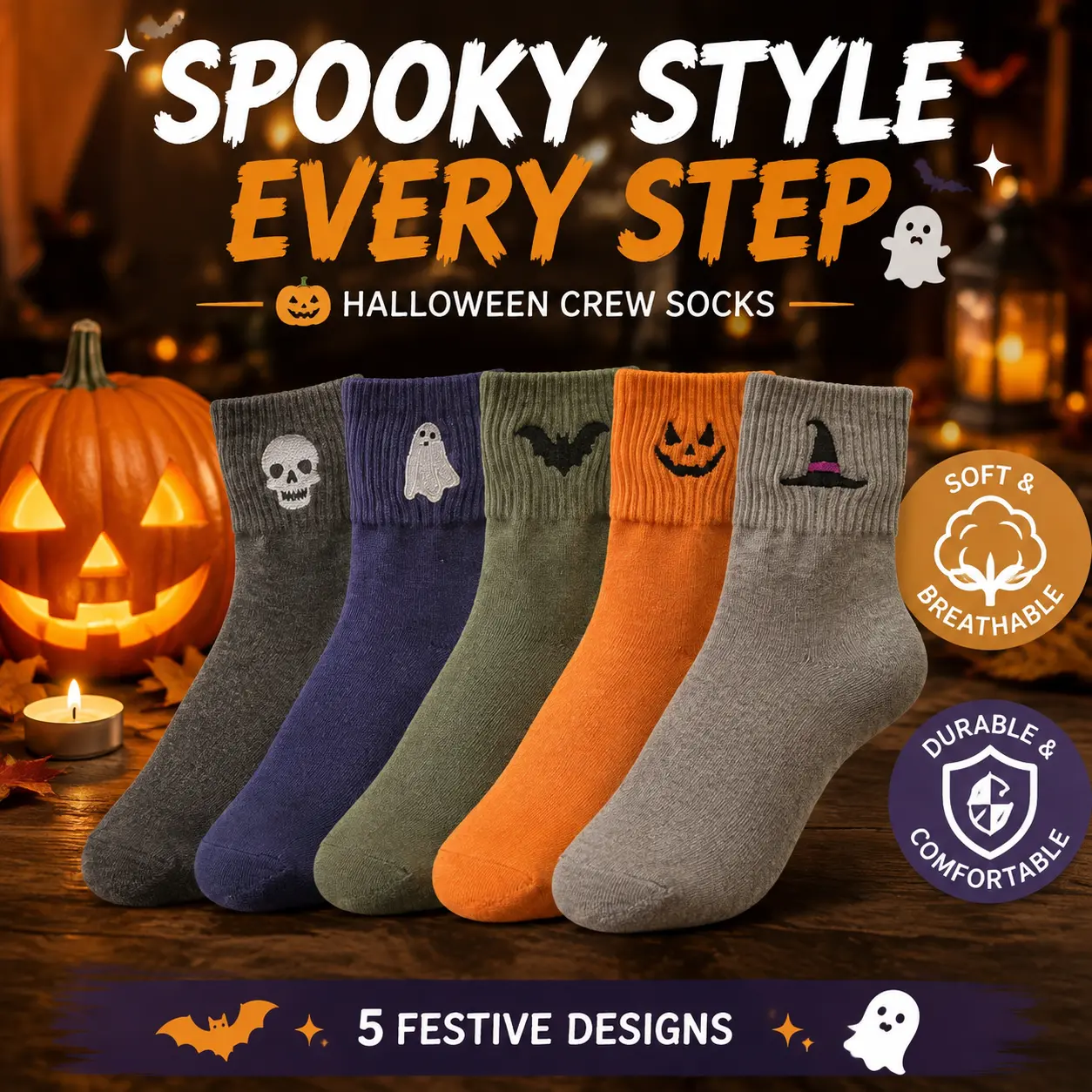 Viral Cute Halloween Socks for Women, 5 Pairs Cozy Novelty Crew Socks Set, Funny Pumpkin Ghost Cartoon Mid-Calf Knit Socks, Soft Stretch Warm Fall Winter Essentials for Daily Wear, Halloween Party, Work, School & Gifts-YY2