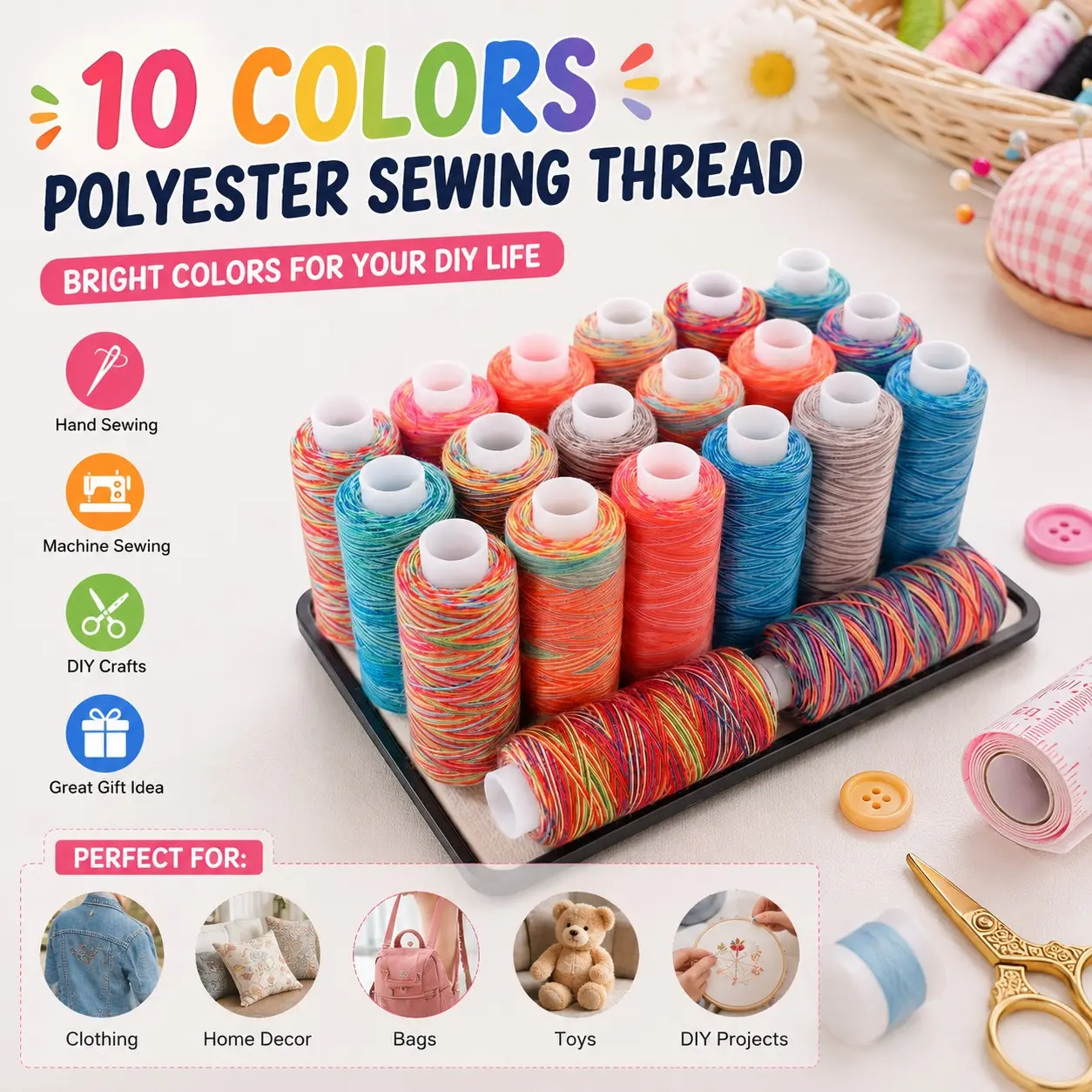 10 Color Polyester Sewing Thread Set, Hand and Machine Sewing, Sewing Threads For Sewing Machine, Embroidery, Repair Supplies, Essential Crafting Tools