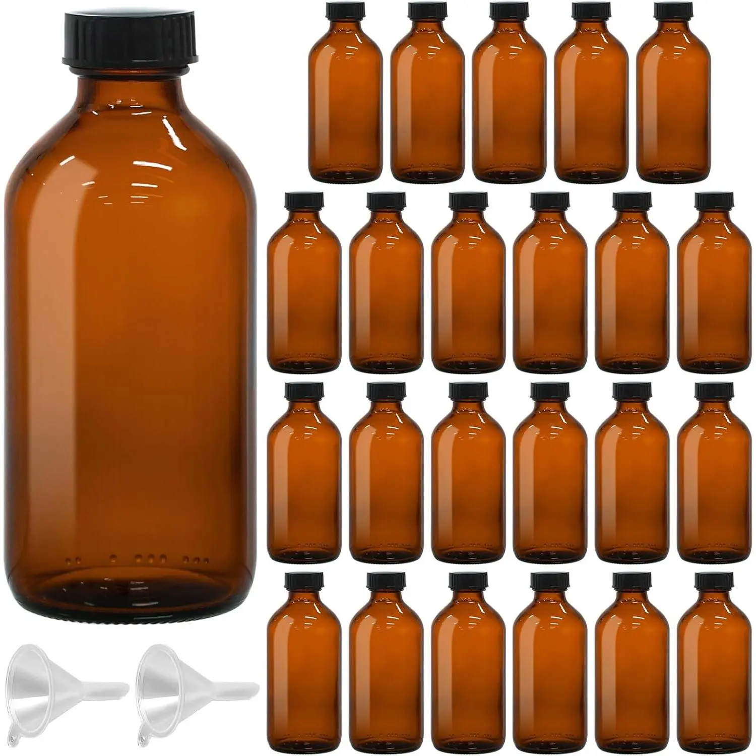 24 Pack 8oz  Glass  Round Bottles with Phenolic Polycone Caps - Airtight, Leak-Proof Brown Glass Containers for Kombucha Brewing, Storing Condiments, Essential Oils, and Homemade Solutions