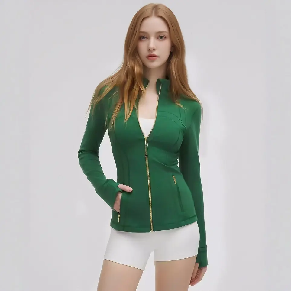 Women's autumn and winter high stretch stand collar gold zipper outdoor running long sleeve yoga sports jacket coat new spring autumn casual fitness workout outerwear