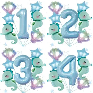 7Pcs Under the Sea World Themed Party Balloon Set New Seahorse 40Inch Blue Number Decor Foil Balloons Birthday Decoration Gifts