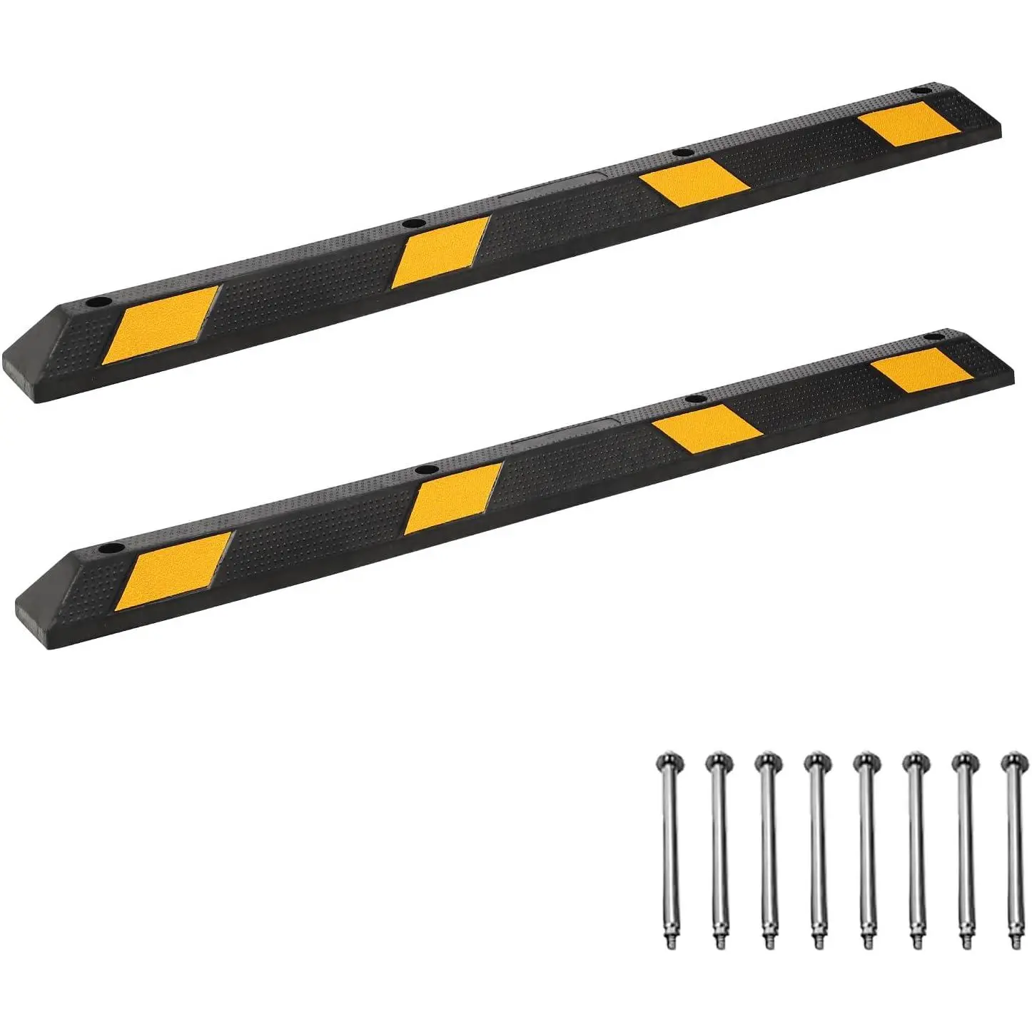 72" Long Heavy Duty Rubber Parking Curb Wheel Stop - 44000 LBS Capacity, 4 In Thick, Pre-Drilled, Resists Cracking, Warping, Fading, 8 Reflective Strips for Garage, Driveway Cars/SUVs Use