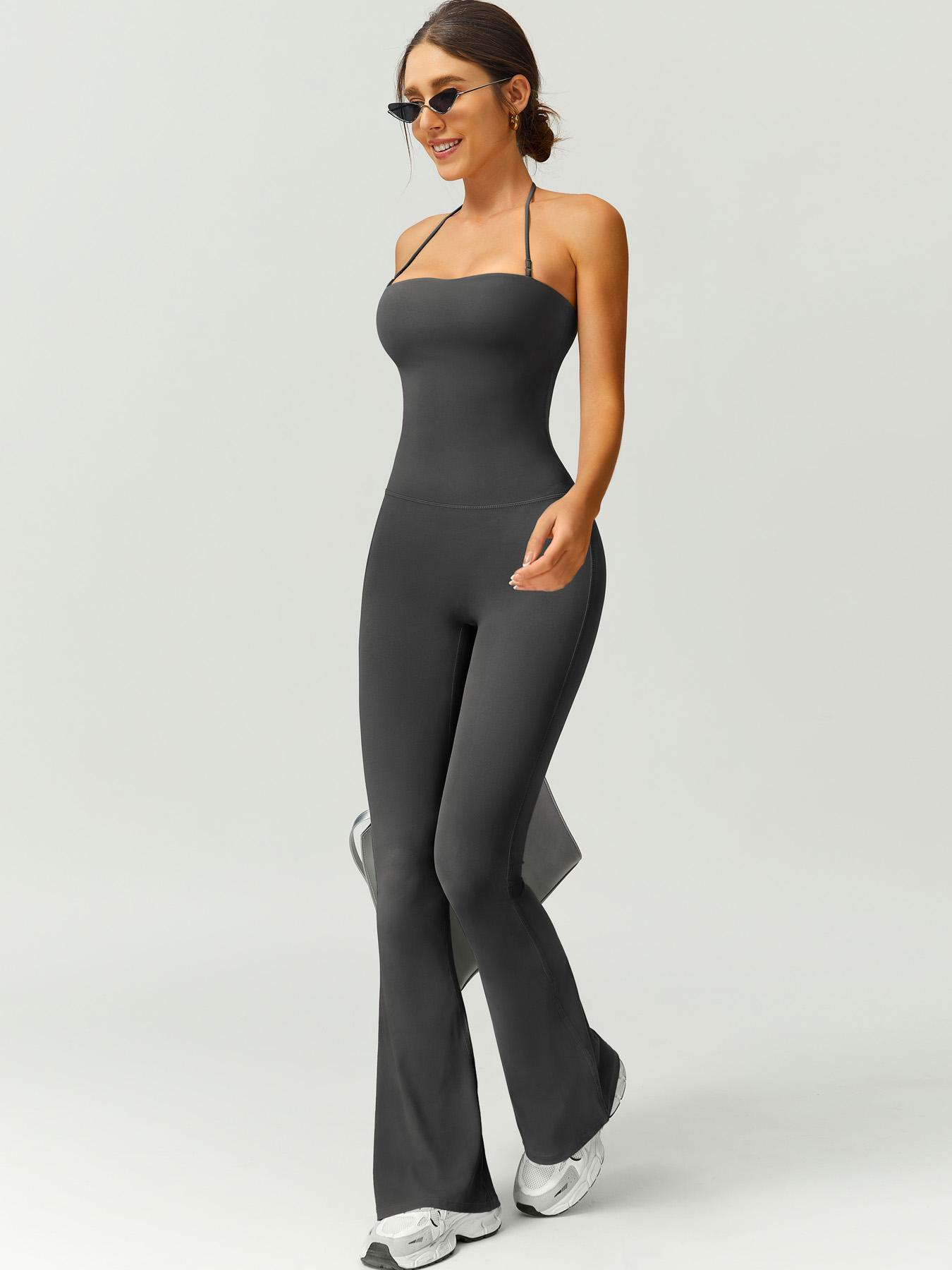 Women's Solid Color Flare Leg Sports Jumpsuit, Casual Comfy Breathable Jumpsuit for Yoga Gym Workout, Ladies Sportswear for Summer, Sportswear Jumpsuits