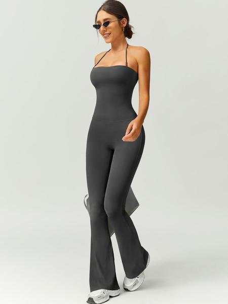 Women's Solid Color Flare Leg Sports Jumpsuit, Casual Comfy Breathable Jumpsuit for Yoga Gym Workout, Ladies Sportswear for Summer, Sporty Jumpsuit