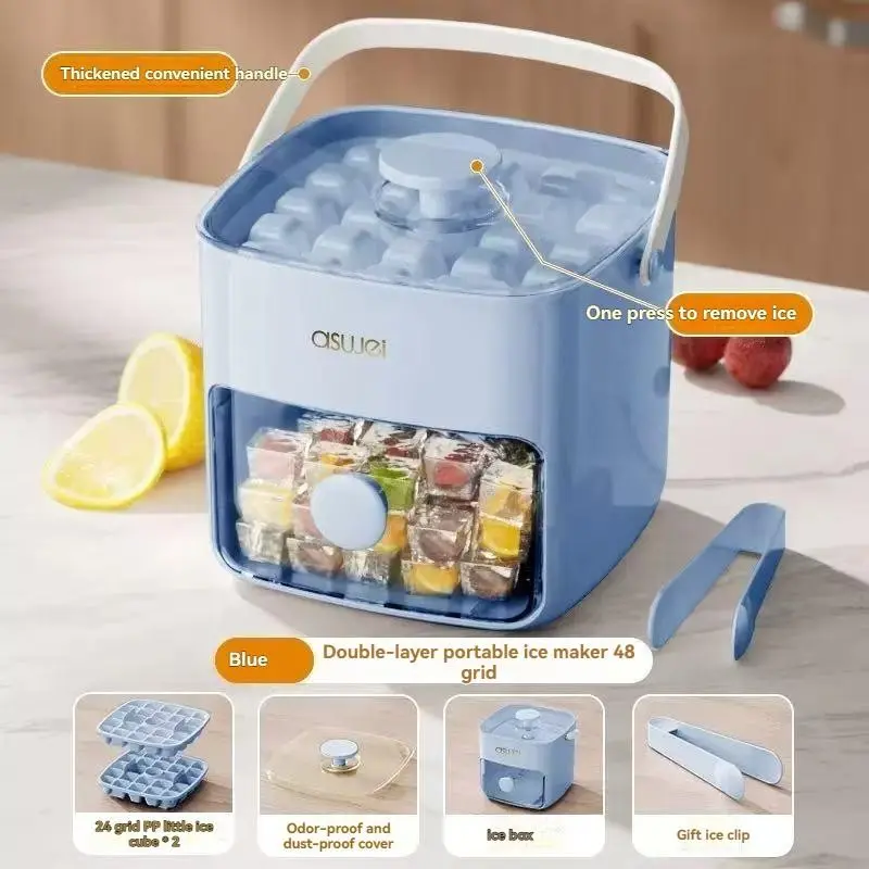 48-cube Ice Maker, Double Layer Ice Cube Maker with Lid, Ice Tray for Freezer, Ice Cube Mold, Kitchen Accessories, Household Modern Home Kitchen Gadgets, Utensils