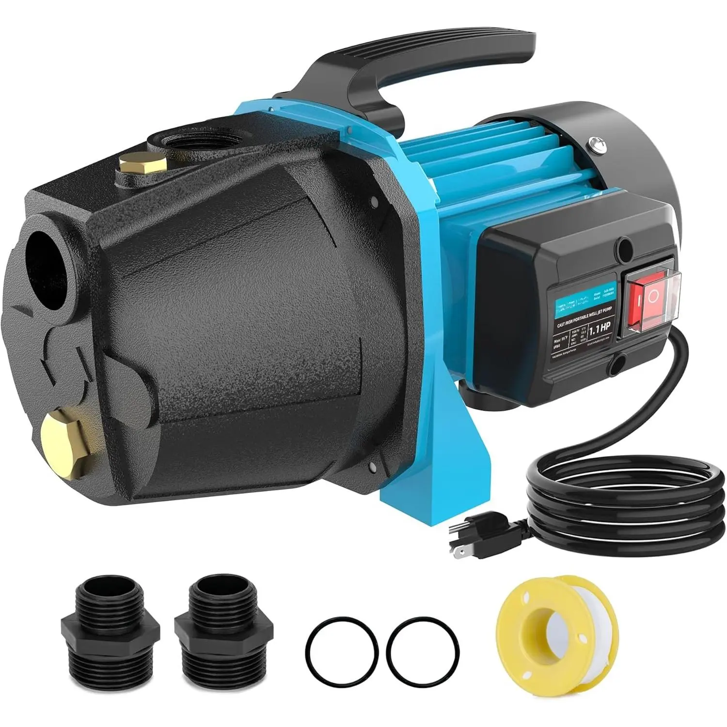 1.1HP Portable Cast Iron Jet Shallow Well Water Pressure Pump - 1200GPH Flow High Capacity 115V, Water Transfer, Durable, Easy to Install, High-Performance, Carrying Handle for Garden Irrigation, Lawn Draining GJE, Efficient Pump