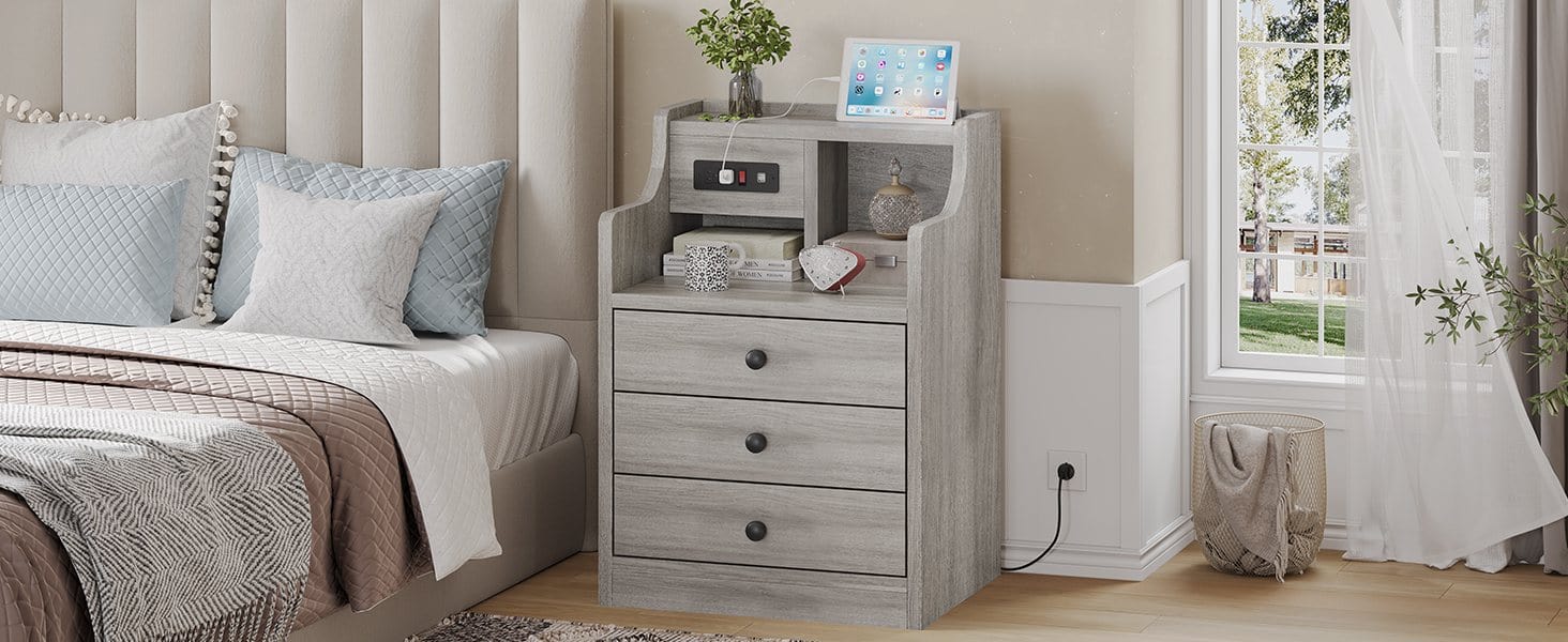 Sikaic Grey Nightstand with 3 Drawers & Charging Station Modern Bedside Table 2 USB Ports 2 Outlets for Phones Tablets Ideal for Bedroom Essentials Sikaic Grey Nightstand with 3 Drawers & Charging Station Modern Bedside Table 2 USB Ports 2 Outlets for Phones Tablets Ideal for Bedroom Essentials