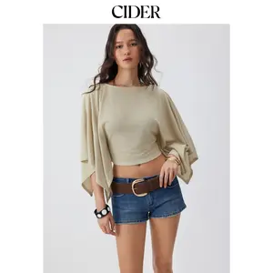 Cider Textured Boat Neck Batwing Sleeve Asymmetrical Oversized Top