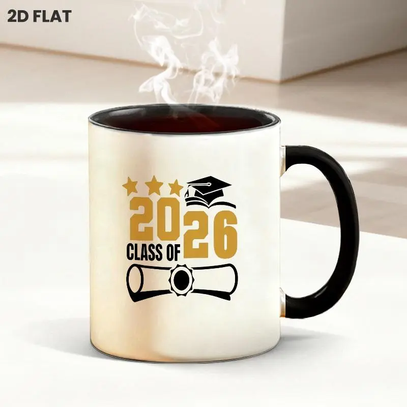 11oz Class of 2026 Graduation Themed Coffee Mug, with Gold Bold 2026 Lettering, Golden Stars, Graduation Cap, Open Book and Diploma Scroll Pattern, Celebratory Drinkware for Daily Use and Graduation Season Gifting