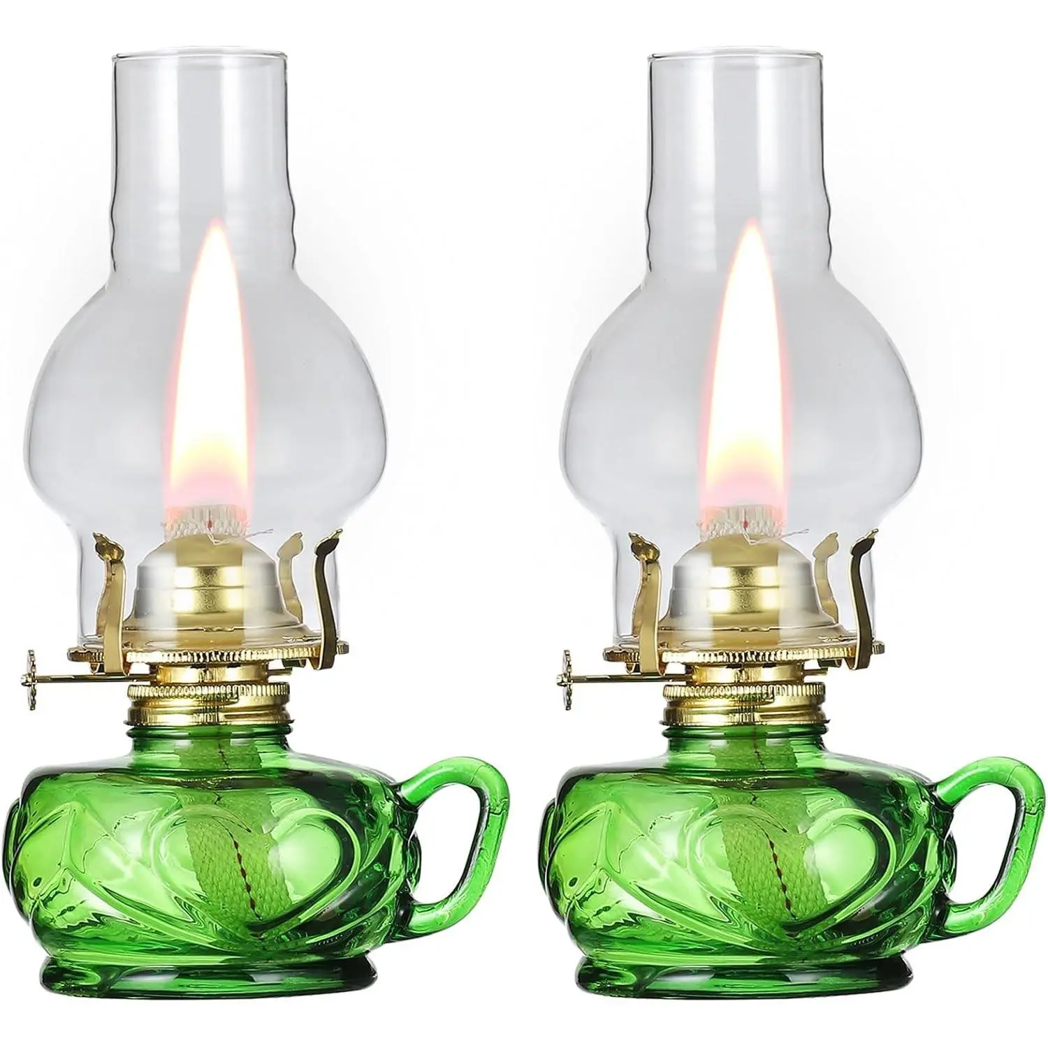 2 Pcs Vintage Large Oil Lamp with Handle Antique Green Glass Kerosene Lamp Lantern Chamber Oil Lamps for Indoor Use Home Decor Classic Old Hurricane Lamp for Emergency Lighting