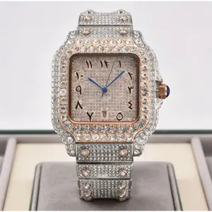 Luxury Square Diamond Watch for Women/Men – Fully Iced Out Rhinestone Dial, Rose Gold & Silver Tone Stainless Steel Bracelet, Arabic Numeral Design, Blue Hands Dress Fashion Watch with Date Display