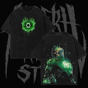 Retro Green Lantern Flaming Neon Green Ring Symbol Front Chest Print & Water Surrounded Glowing Green Suit Hero Upper Body Back Graphic Dual-Sided Vintage Washed Black T-Shirt, Unisex Oversized Heavyweight Cotton Streetwear Top, Ideal Gift for Green Lante