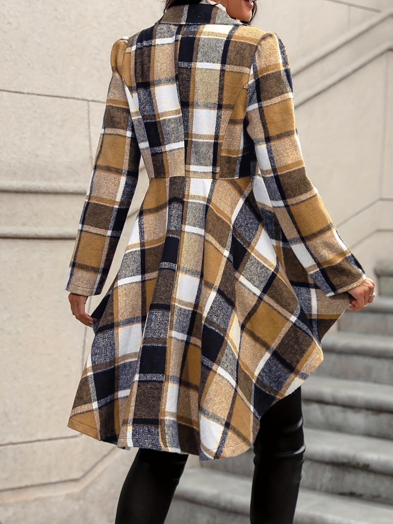 Women's Plaid Print Button High Low Hem Fitted Jacket Coats, Casual Long Sleeve Lapel Neck Open Front Outerwear for Fall & Winter, Ladies Clothes for Daily Wear, Womenswear