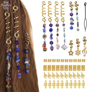49Pcs Dreadlock Hair Accessories Kit, Including Gold Spiral Coils, Filigree Hair Cuffs, Evil Eye & Natural Stone Charms, Star/Anchor Leaf Pendants, Decorative Hair Jewelry for Braids, Twists & Locs