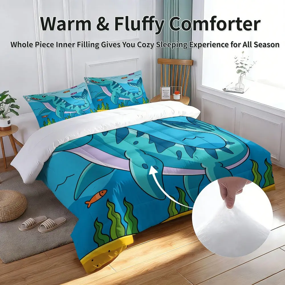 2/3Pcs Cute Dinosaur Comforter Set for Kids, Ocean Theme Bedding Set with Mosasaurus Print, Soft Microfiber Quilt & Pillowcase for Boys Girls Bedroom Decor No Pillow Core