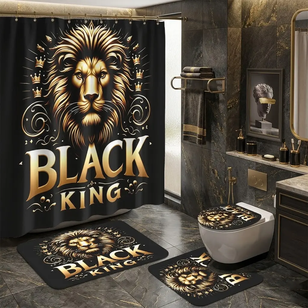 4pcs Polyester Gold Majestic King Bathroom Set - Lion Head Shower Curtain, Text-Embellished Regal Bath Mats, Elegant Home Decor for Stylish Restrooms, Shower Curtains