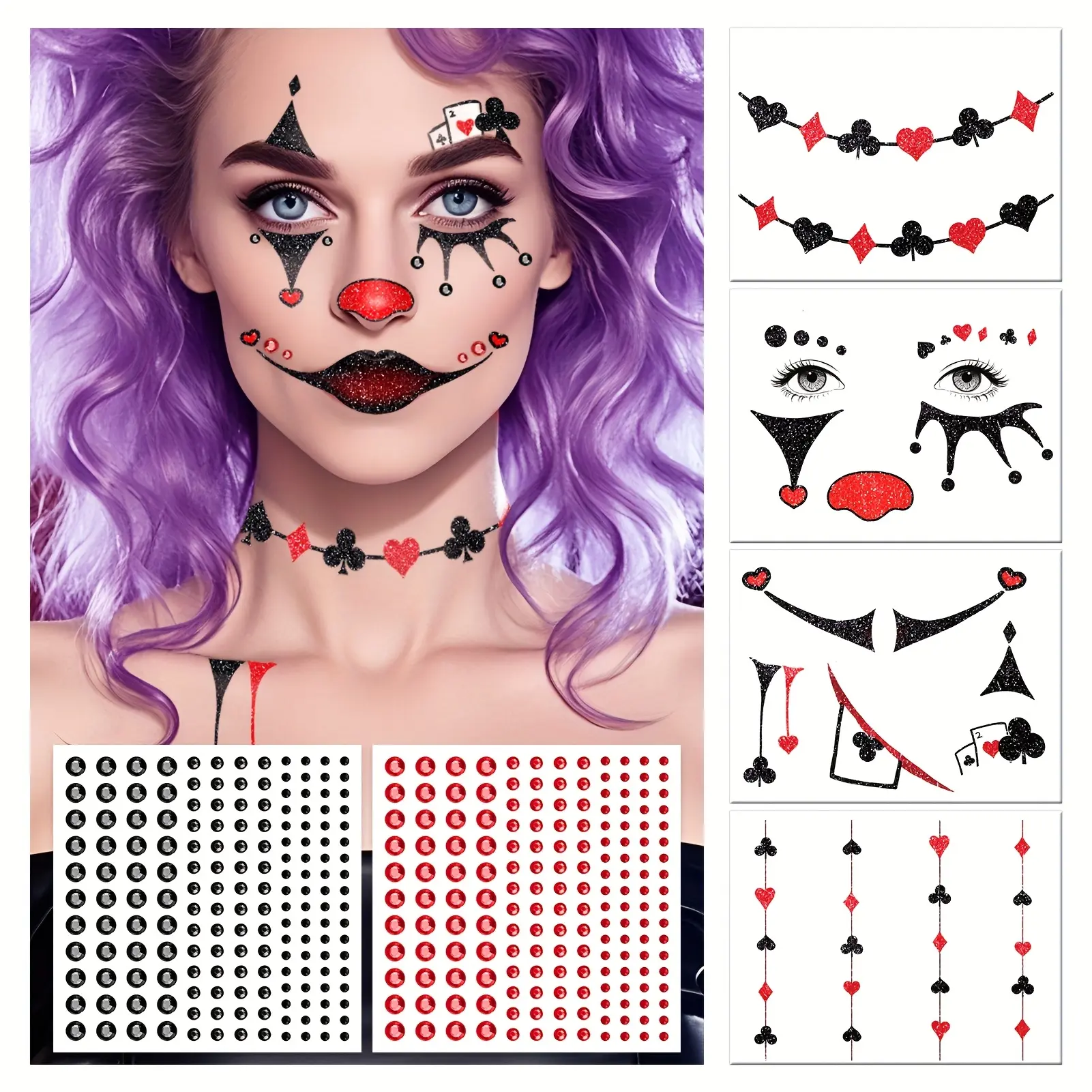 Eight Sheets of Clown Face Tattoo Stickers That Are Durable, Realistic Makeup Stickers for Carnivals, Designed for Water Transfer. Perfect for Party Favors, Goodie Bag Fillers, And Festive Supplies Featuring Clowns