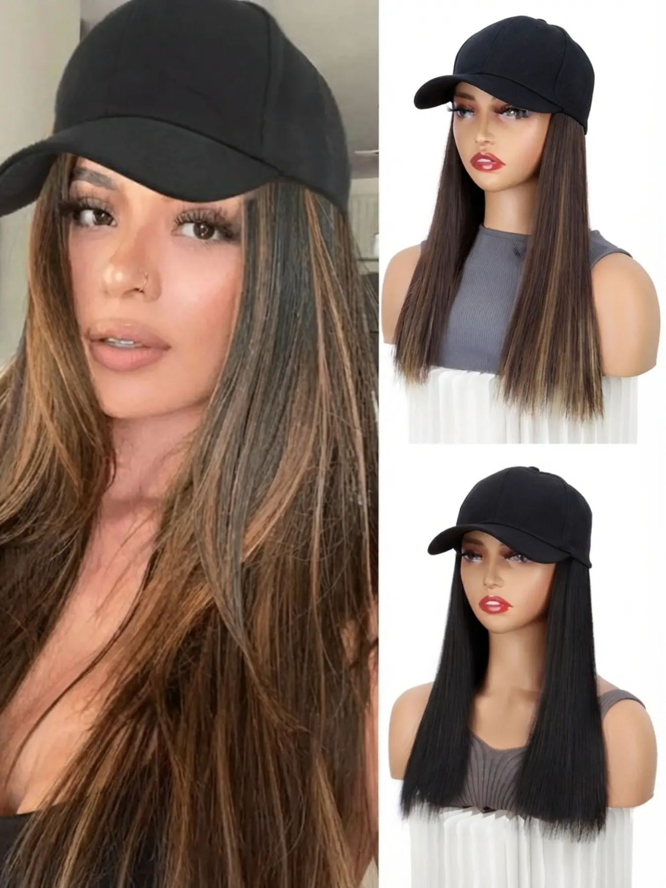 Instant Makeover Hat Wigs Synthetic Straight Wig with Long Straight Hair Attached to Black Baseball Cap for Women Girl Sun Protective and Fashionable No Mess No Glue Brown Mixed Color Daily Use