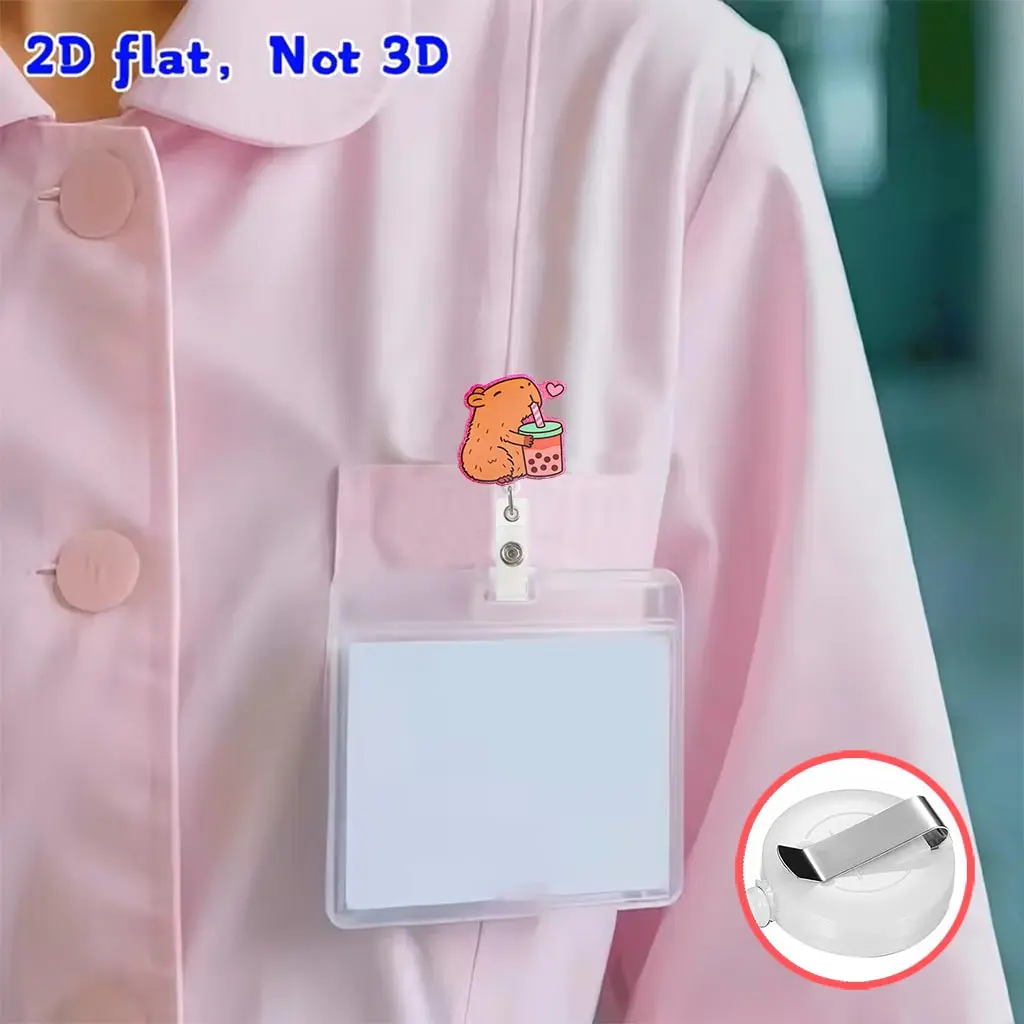 Glitter Pink Capybara Drinking Boba Tea Retractable Badge Reel Cute Kawaii Animal ID Name Tag Holder Clip Perfect For Nurse Teacher Student Office Worker Staff Work Card Badge Holder Medical Badge Reel