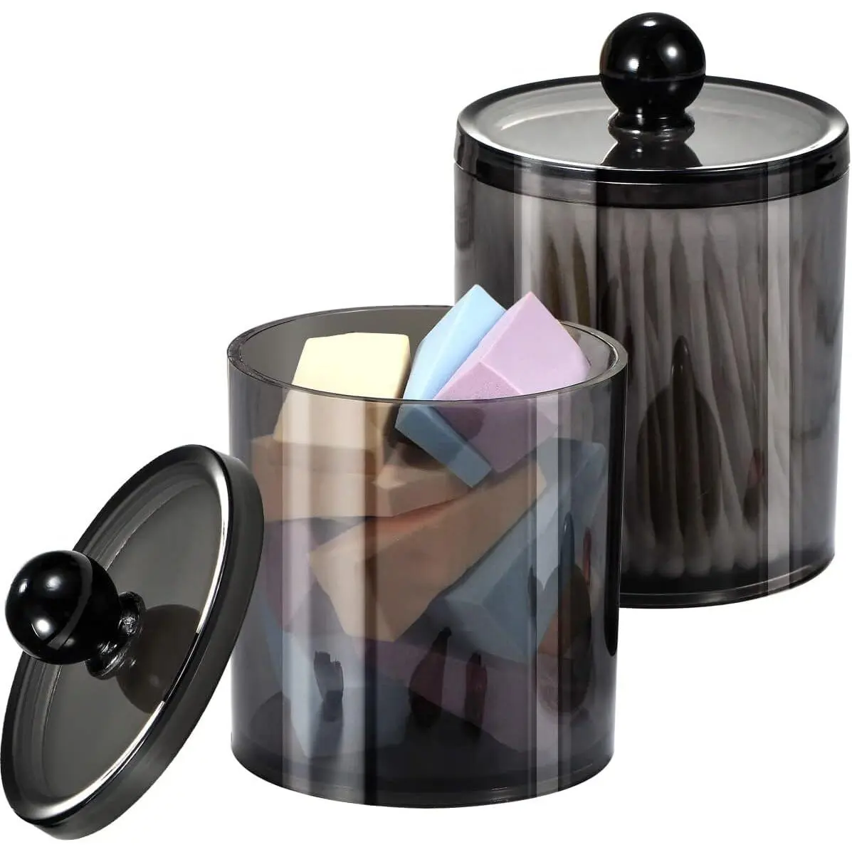 2-Pack Qtip Holder,Clear Black   Jar,Bathroom Jars with  - Shatterproof Qtip Holder Dispenser for Bathroom  - 10oz Small  Ball & Swab Storage Canisters
