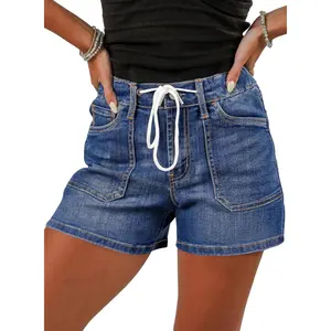 Women's Jean Shorts High Waisted Stretchy Casual Drawstring Denim Shorts with Pockets