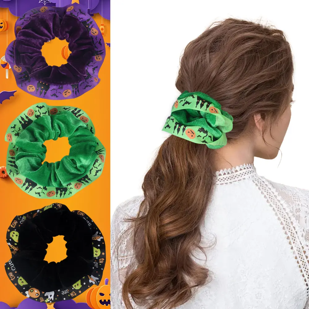 Plush Velvet Halloween Scrunchies with Spooky Pumpkin, Bat & Witch Motifs - Hair Tie with Secure Hold for Parties (1/3 Pack), Playful Prints, Everyday Wear, Soft Texture, Spooky Prints, Unisex campingessentials