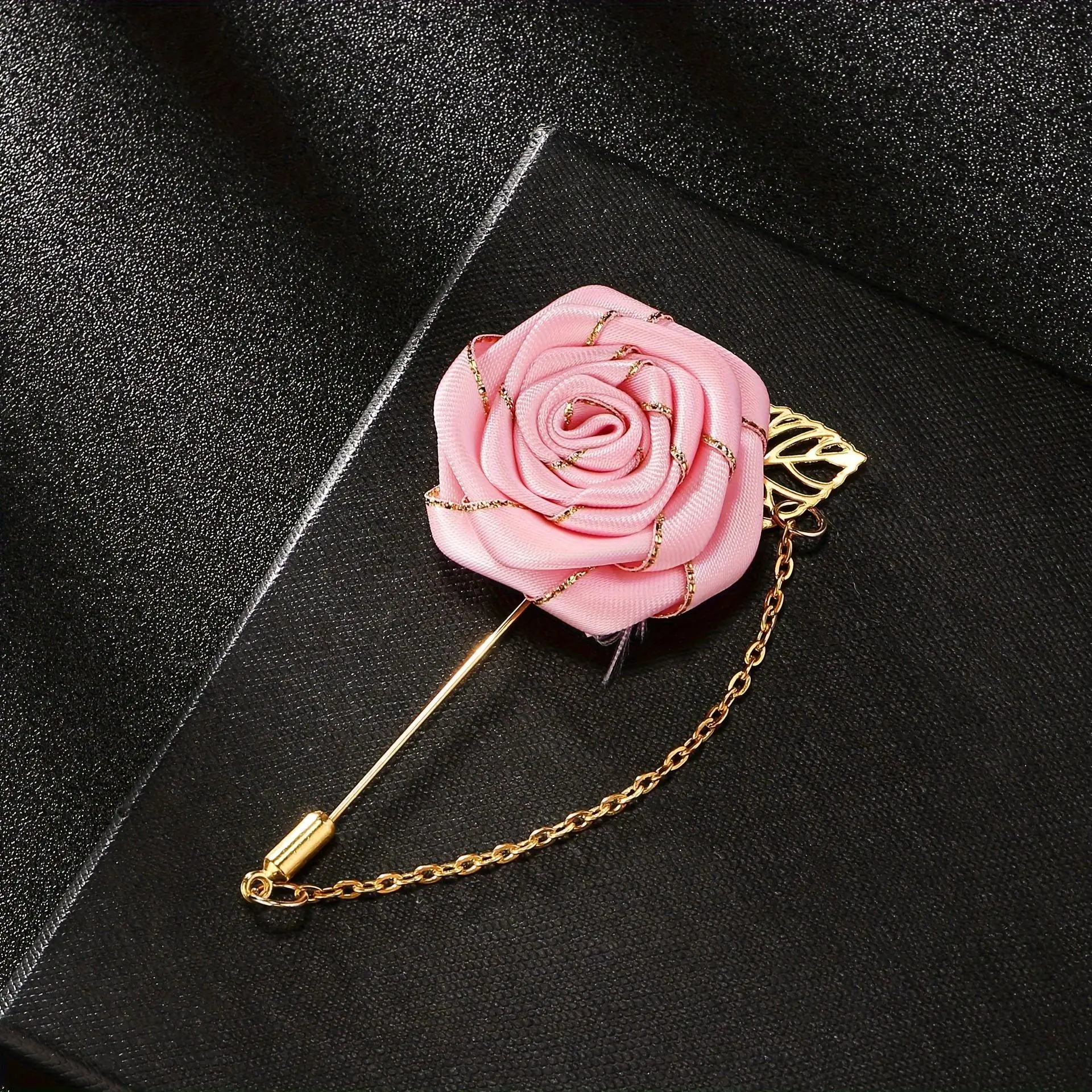 [Men's Floral Lapel Pin] 1pc Handmade Men's Rose Flower with Golden Leaf Brooch - Red Blue Rose Floral Lapel Stick Pin - Boutonniere Pins for Suit, Wedding, Lapel Pin