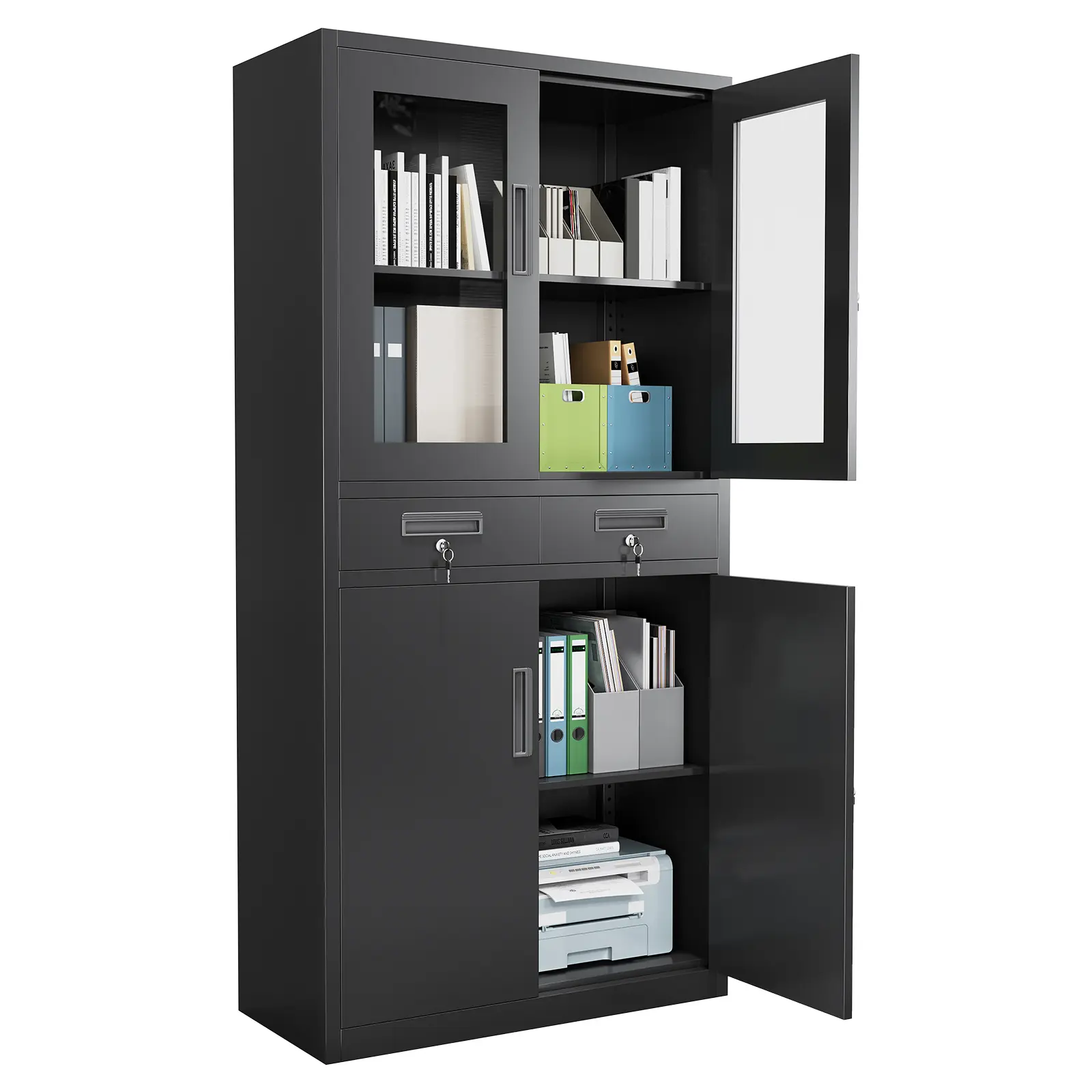 Metal Storage Cabinet with Lock, Locking Storage Cabinet with 2 Drawers and 2 Adjustable Shelves, for Home, Office, School, Garage, Black