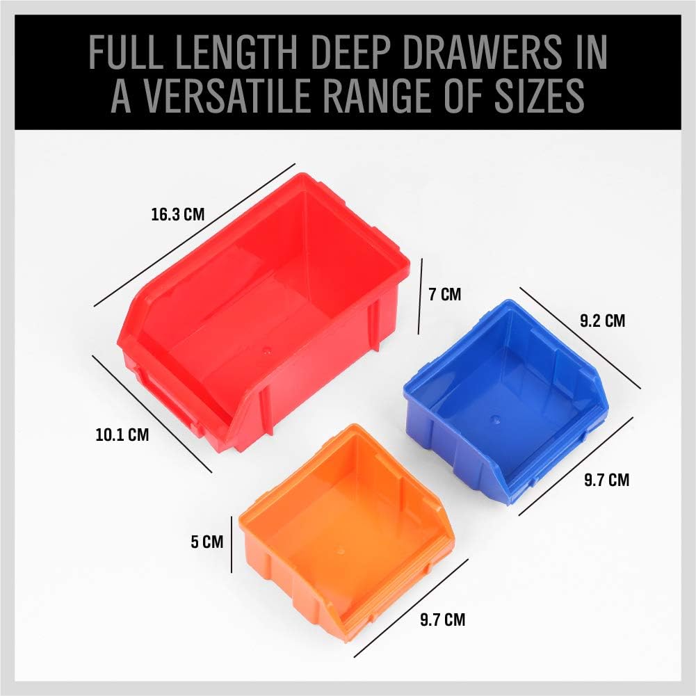 30-Bin Wall-Mounted Storage Rack System - Heavy-Duty Garage Tool Organizer for Screws, Nuts, , Nails, Beads, and Small Hardware Parts - Easy Installation and Customizable Red Blue Orange