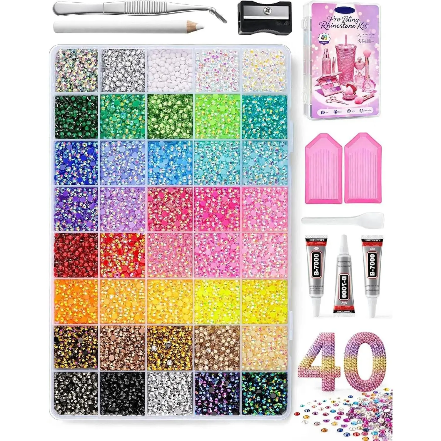 Upgraded 40 Colors Bedazzling Kit, Jelly Resin Flatback Rhinestones with B7000 Glue, Pen, Tweezers, Trays & Storage Box for Adult Nail Art, DIY Crafts, Tumblers, Shoes & Clothes