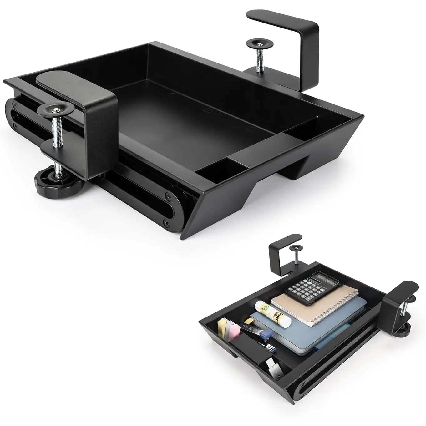 Under Desk Slide-Out Storage Drawer, Small 11.7"x8.2" Pull-Out Organizer with Smooth Sliding Rail, Adjustable C-Clamp Mount, Black Tray for  Office & Standing Desk