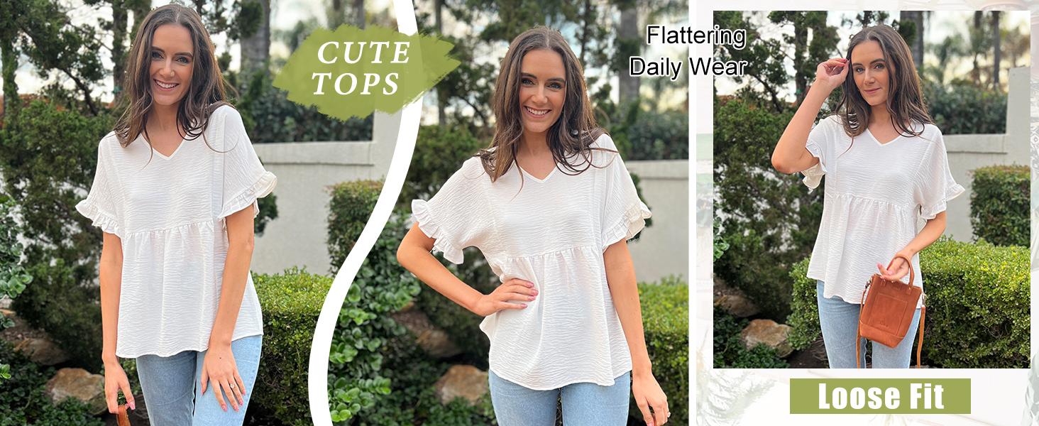 WIHOLL Womens Tops Casual V Neck Ruffle Sleeve T Shirts Babydoll Loose Fit Peplum Tops SpringStatements