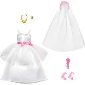 Barbie Clothes Set, Fashion & Accessories Pack for Barbie Dolls, Bridal Theme with Wedding Dress, Veil, Bouquet, Shoes & Jewelry