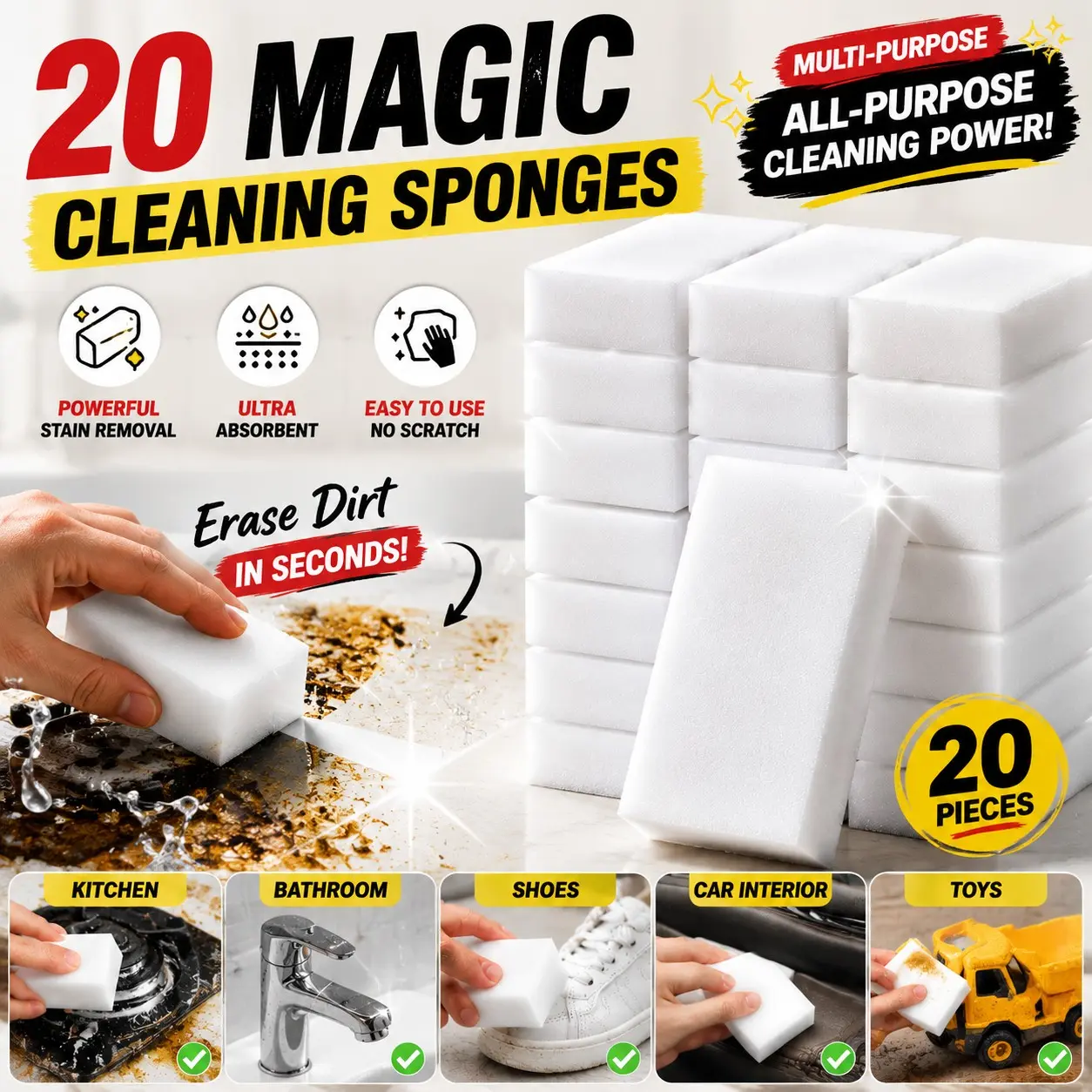 20 Pack Extra Large Thick Melamine Magic Eraser Sponge, High Density Durable Foam Stain Remover Pad, Water Only No Chemical Detergent Needed Multi Purpose Cleaner for Kitchen Grease, Bathroom Limescale, White Sneaker Scuffs, Car Interior, Kids Toys, Ceram