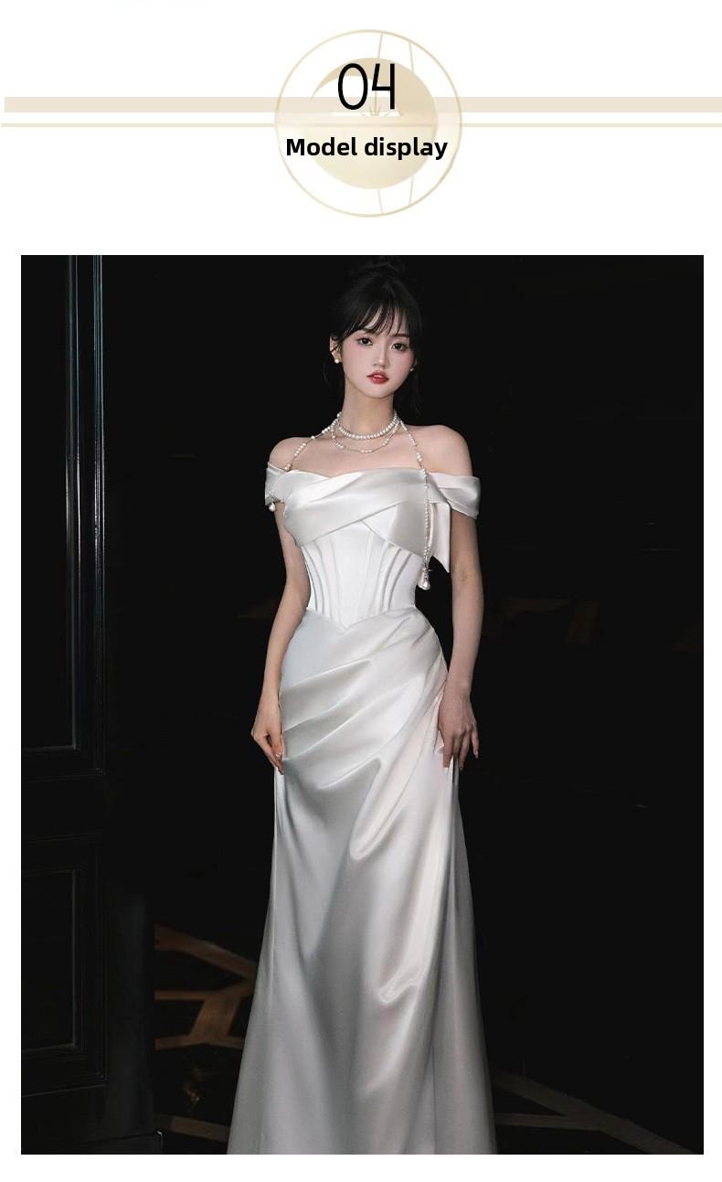 French Off-Shoulder Light Wedding Dress – Bridal Toast Gown, White Engagement Departure Dress, Elegant Banquet Evening Gown