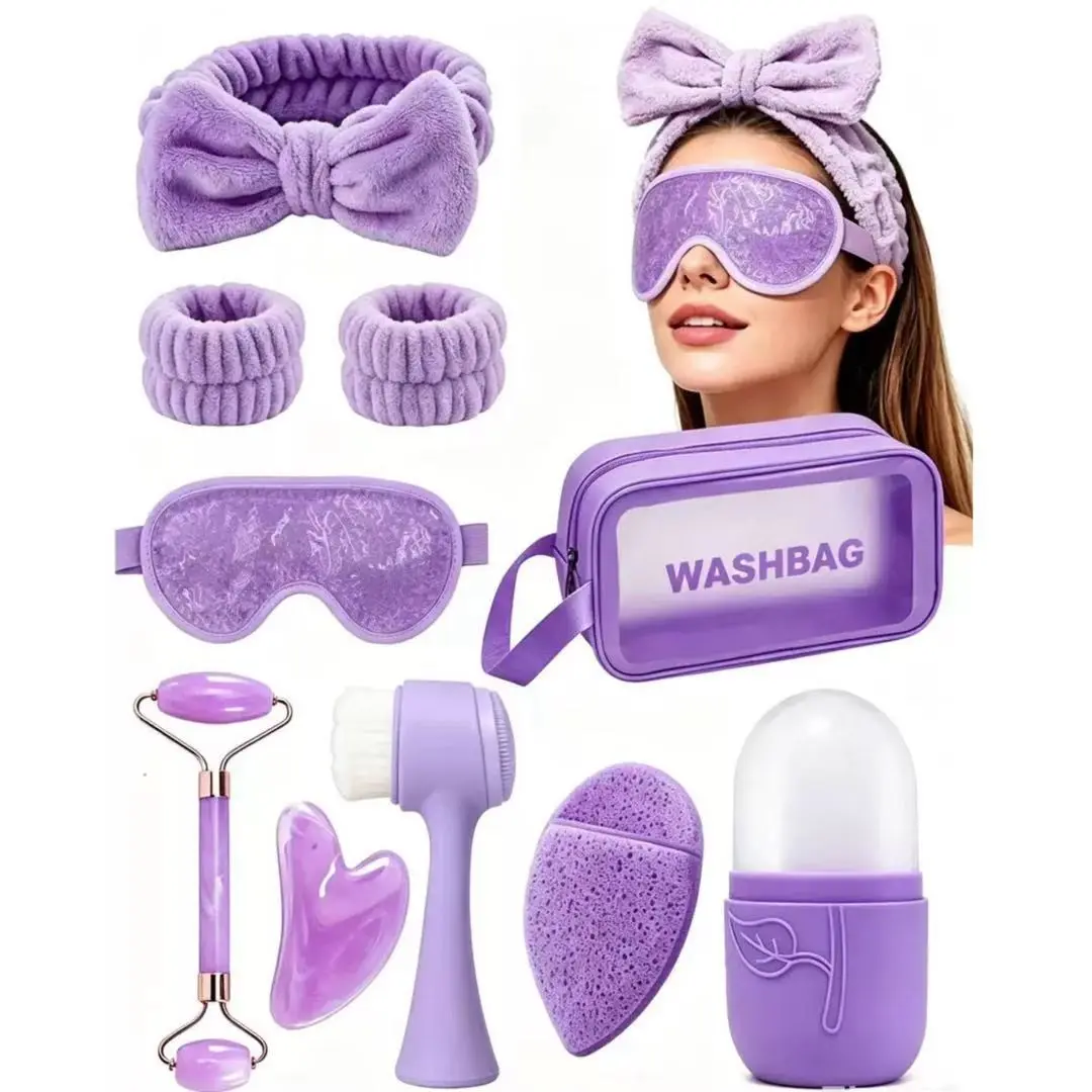 Facial Cleansing Massage Tool Set, 10-Piece Facial Care Kit, Includes Face Wash Headband, Ice Cube Tray, Massager, Gua Sha Board, Makeup Bag