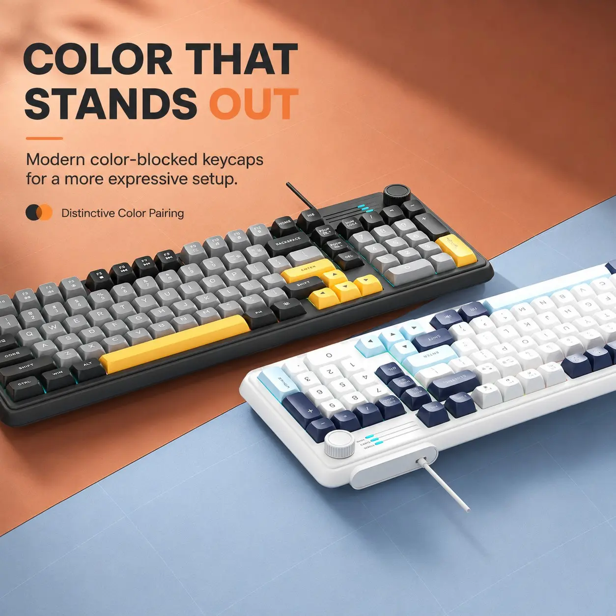 Full-Size USB Wired Multicolor Backlit Keyboard, Multimedia Shortcuts, Volume Control Dial, Adjustable Feet, PC Gaming and Office