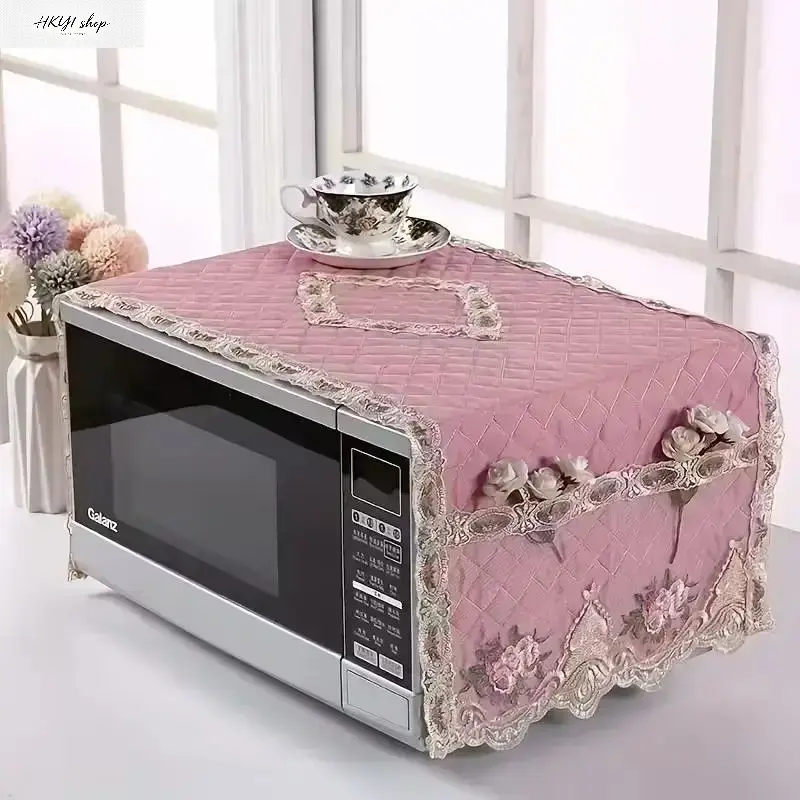 Microwave Oven Dust Cover, Quilted Floral Appliance Cover with Lace Trim and Rose Details, Decorative Microwave Top Cover for Kitchen Counter, Cottageco13.78x39.37 in, Ideal for Kitchen Area, Included Storage Bag, Dustproof Design, Indoor, Bag For Storage