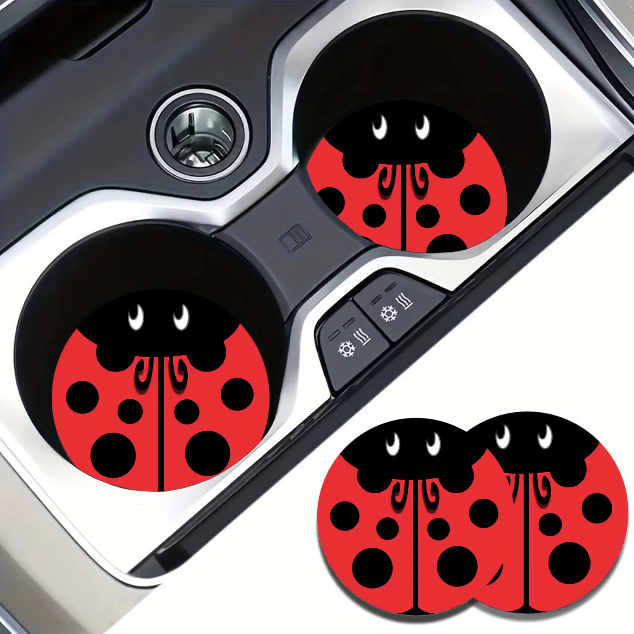 2-Pack Cute Ladybug Car Cup Mats, Absorbent Cup Holder Pads, Non-Slip Rubber Base, Universal Decorative Cup Mats for Car Interior, Car Accessories Cute