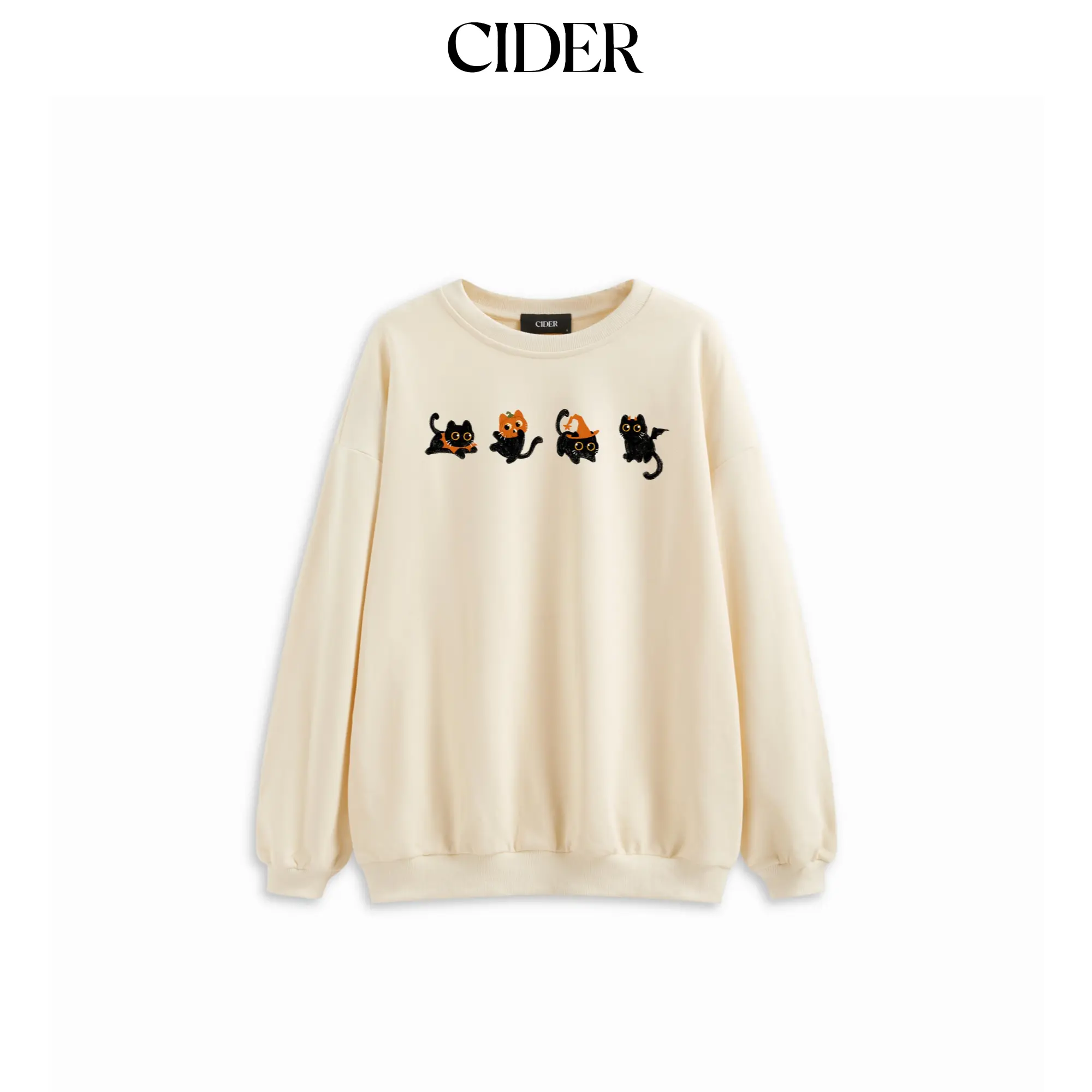 Cider Cotton Round Neckline Pumpkin Halloween Cat Oversized Sweatshirt SummerFinds