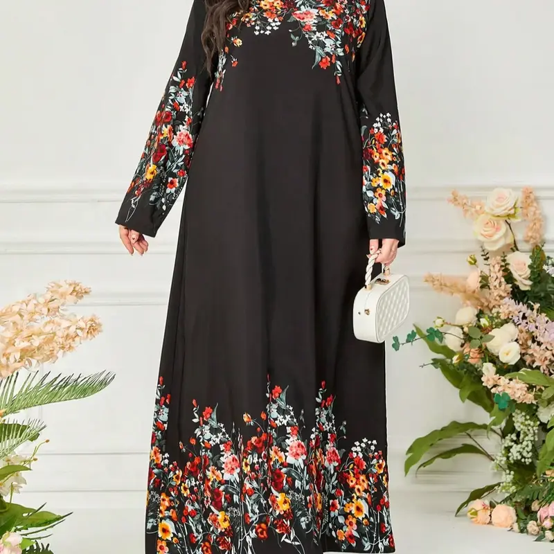 Plus Size Floral Print Long Sleeve Maxi Dress Bohemian Aesthetic, Elegant Boho Spring & Fall Dresses for Women Daily Wear Holiday Vacation, Ladies Clothes