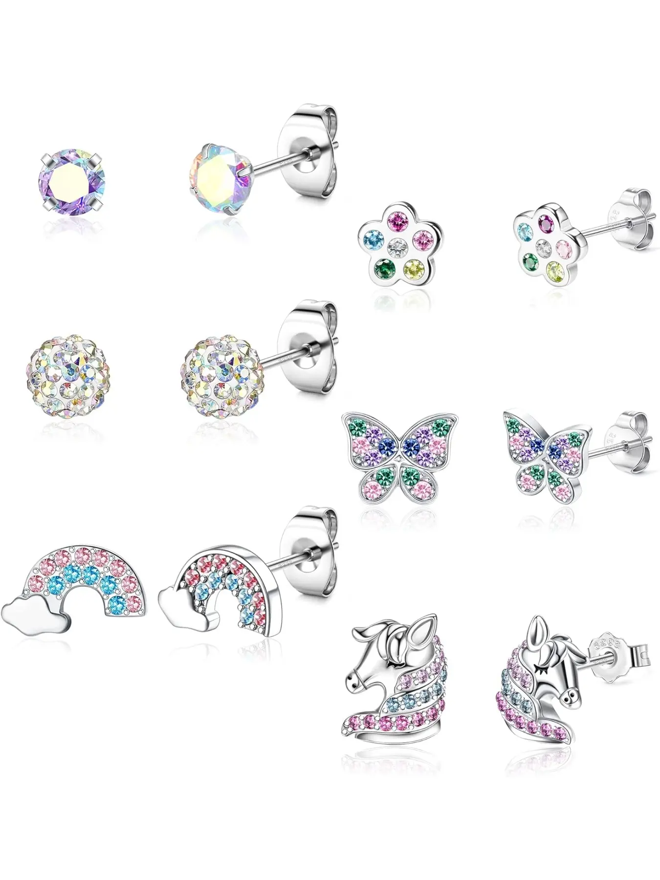 925 Sterling Silver Kids Earrings for Girls, 6 Pairs Cubic Zirconia Studs, Hypoallergenic Heart Star Designs, Gift Box Included, Hypoallergenic CZ Earrings