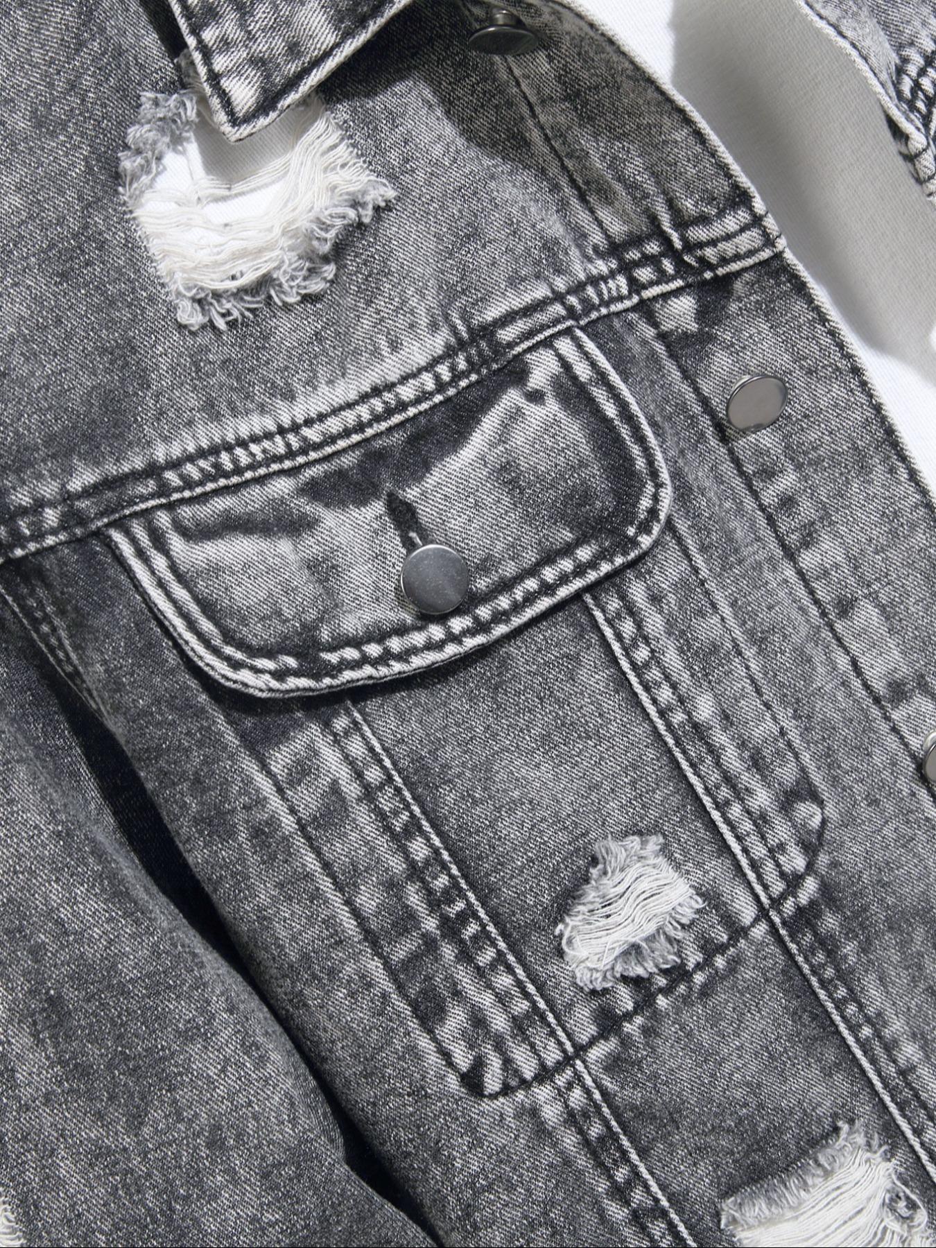 Men's Distressed Ripped Denim Jacket, Denim Jean Jacket, Fashion Comfy Longsleeves Outerwear for Daily Wear, Men's Clothing for All Seasons, Cotton Menswear, Casual Style Outerwear, Casual Fall Jacket, Casual Jacket Coat, Clothe, Vintage Street Wear