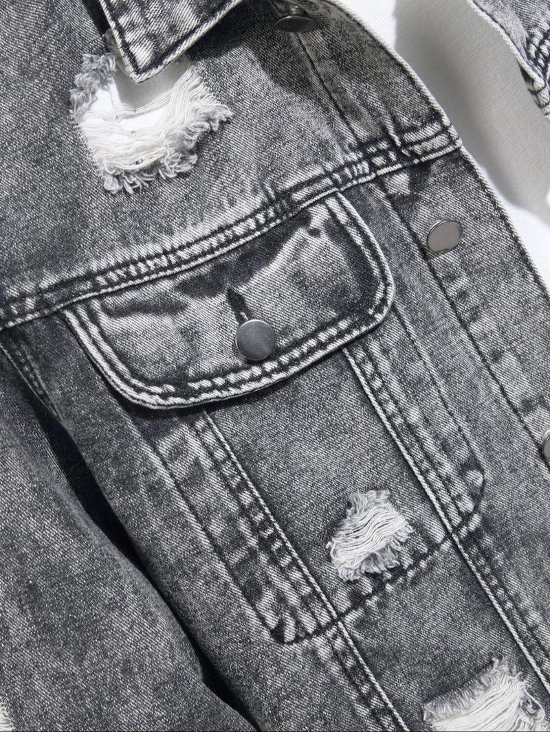 Men's Distressed Ripped Denim Jacket, Denim Jean Jacket, Fashion Comfy Longsleeves Outerwear for Daily Wear, Men's Clothing for All Seasons, Cotton Menswear, Casual Style Outerwear, Casual Fall Jacket, Casual Jacket Coat, Clothe, Vintage Street Wear