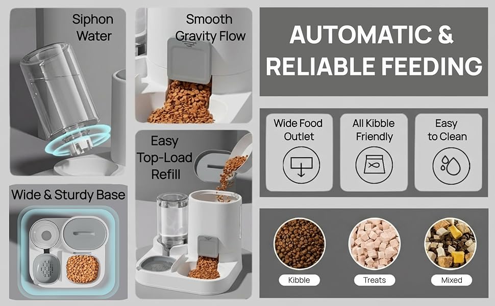 Automatic Cat Feeder and Water Dispenser Set, 2-in-1 Gravity Food Bowl Station for Small Medium Cats Dogs Puppy Kitten Rabbits, Auto Feeding Supplies ,modern design, waterer combo,cat dish