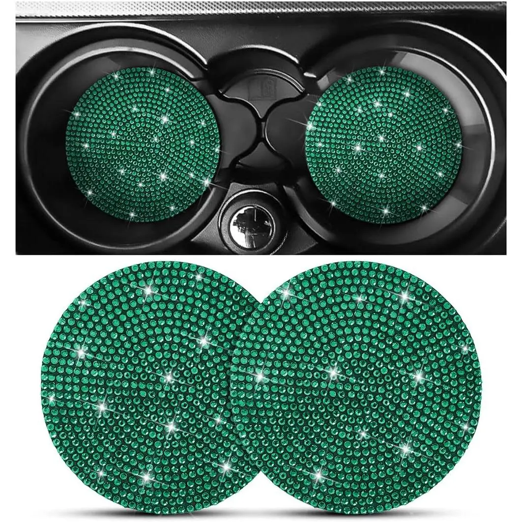 2 count 2.75 Inch Rhinestone Cup Holder Coasters, Green | flexible PVC construction,  surface, reduces drink movement and noise, wipe-clean design, fits matching recesses